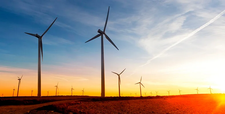 Wind turbines at sunset.